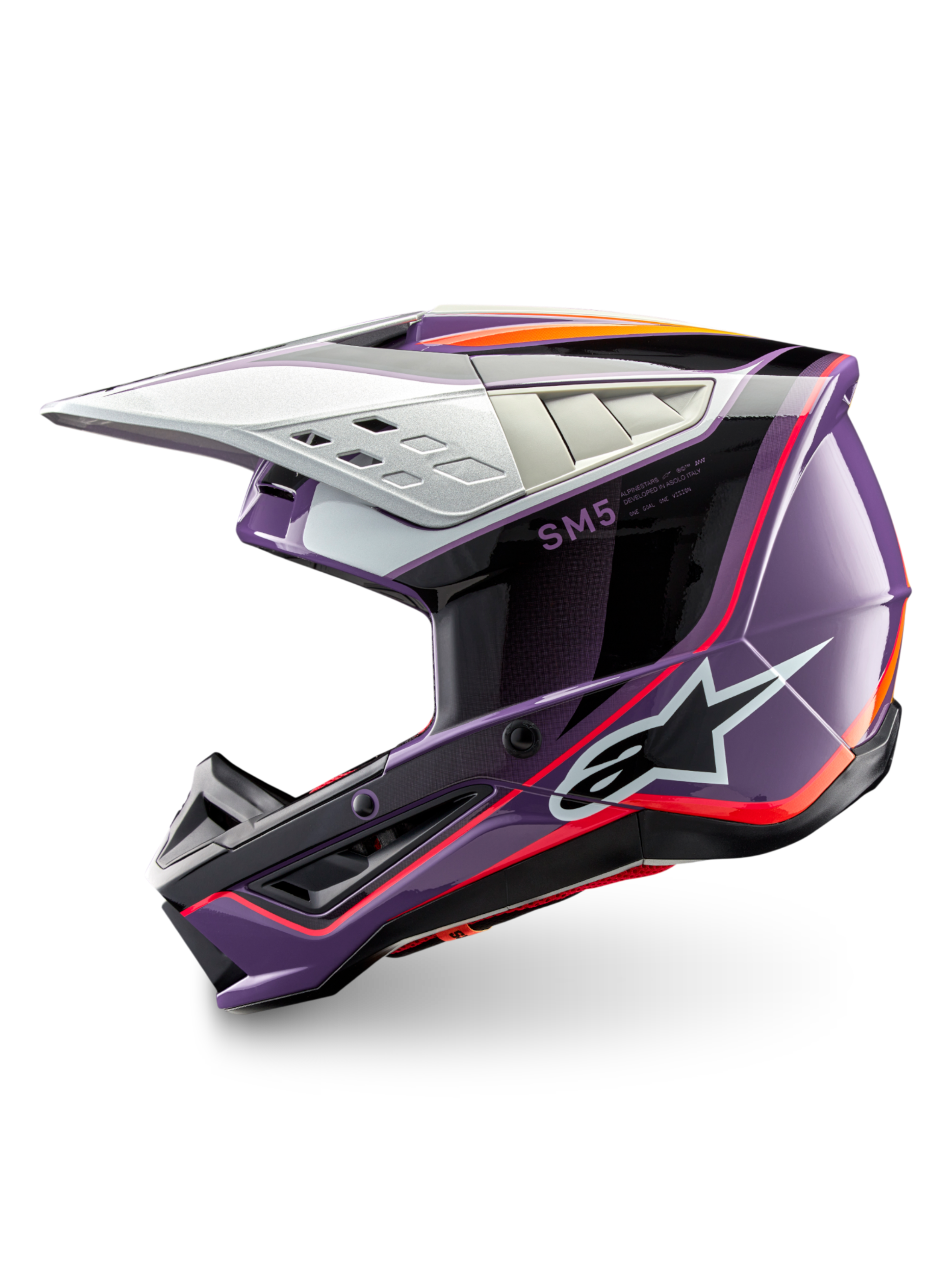 Alpinestars S-M5 Sail helm, paars en zwarte motocrosshelm, ECE 22.06-gecertificeerd, slagvast thermoplastisch materiaal.