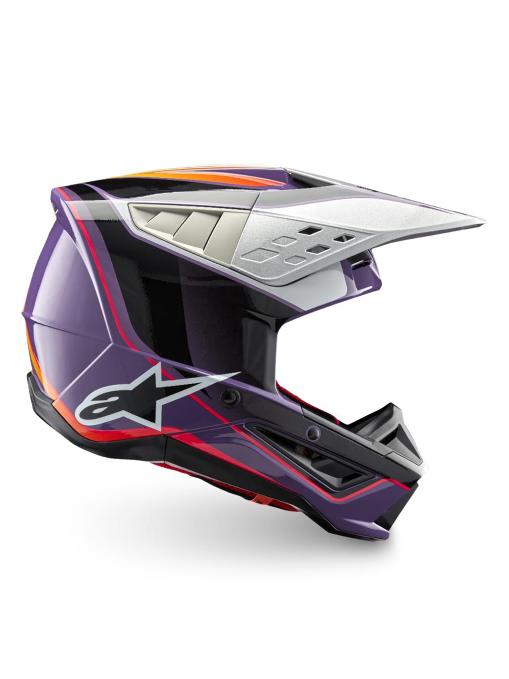 Alpinestars S-M5 Sail ECE 22.06 helm, motocrosshelm in glanzend paars, zwart en zilver, CE-gecertificeerd voor off-road racing en MX.
