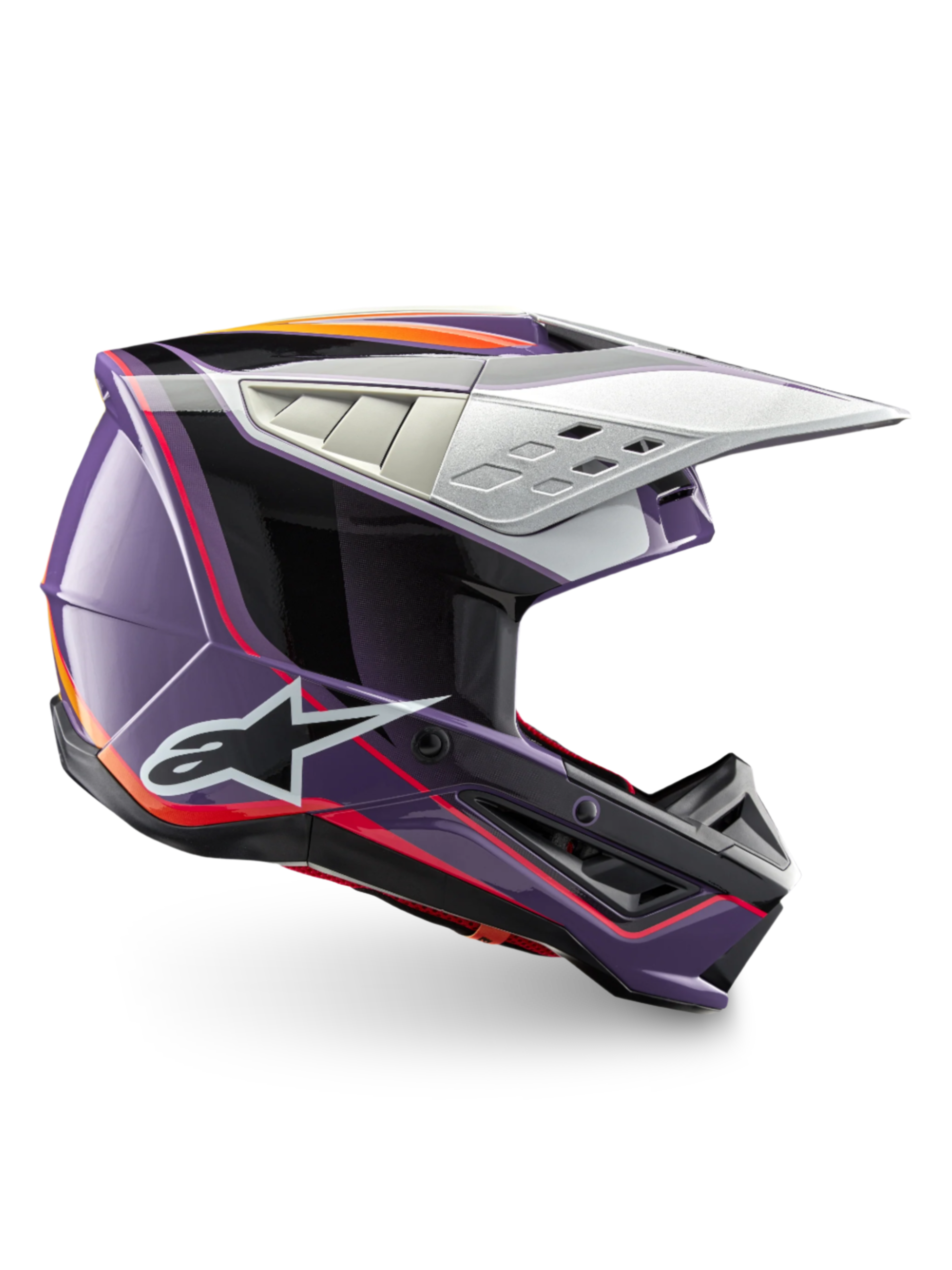 Alpinestars S-M5 Sail ECE 22.06 helm, motocrosshelm in glanzend paars, zwart en zilver, CE-gecertificeerd voor off-road racing en MX.