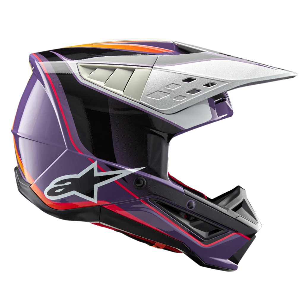 Alpinestars S-M5 Sail Helm ECE, motorcrosshelm, paars, zwart en zilver glanzend, met opvallende oranje en rode graphics, zilver geventileerd vizier, aerodynamische schaal met wit sterlogo, professionele off-road racebescherming