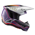 Alpinestars S-M5 Sail Helm ECE, motorcrosshelm, paars, zwart en zilver glanzend, met opvallende oranje en rode graphics, zilver geventileerd vizier, aerodynamische schaal met wit sterlogo, professionele off-road racebescherming