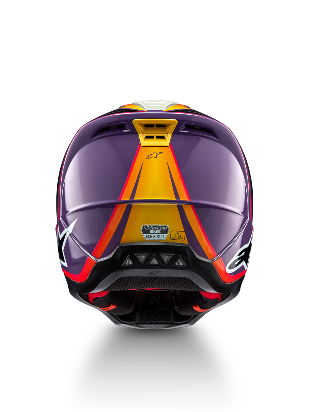 Alpinestars S-M5 Sail helm, motocrosshelm, maat M, paars en geel, ECE 22.06-gecertificeerd, achteraanzicht