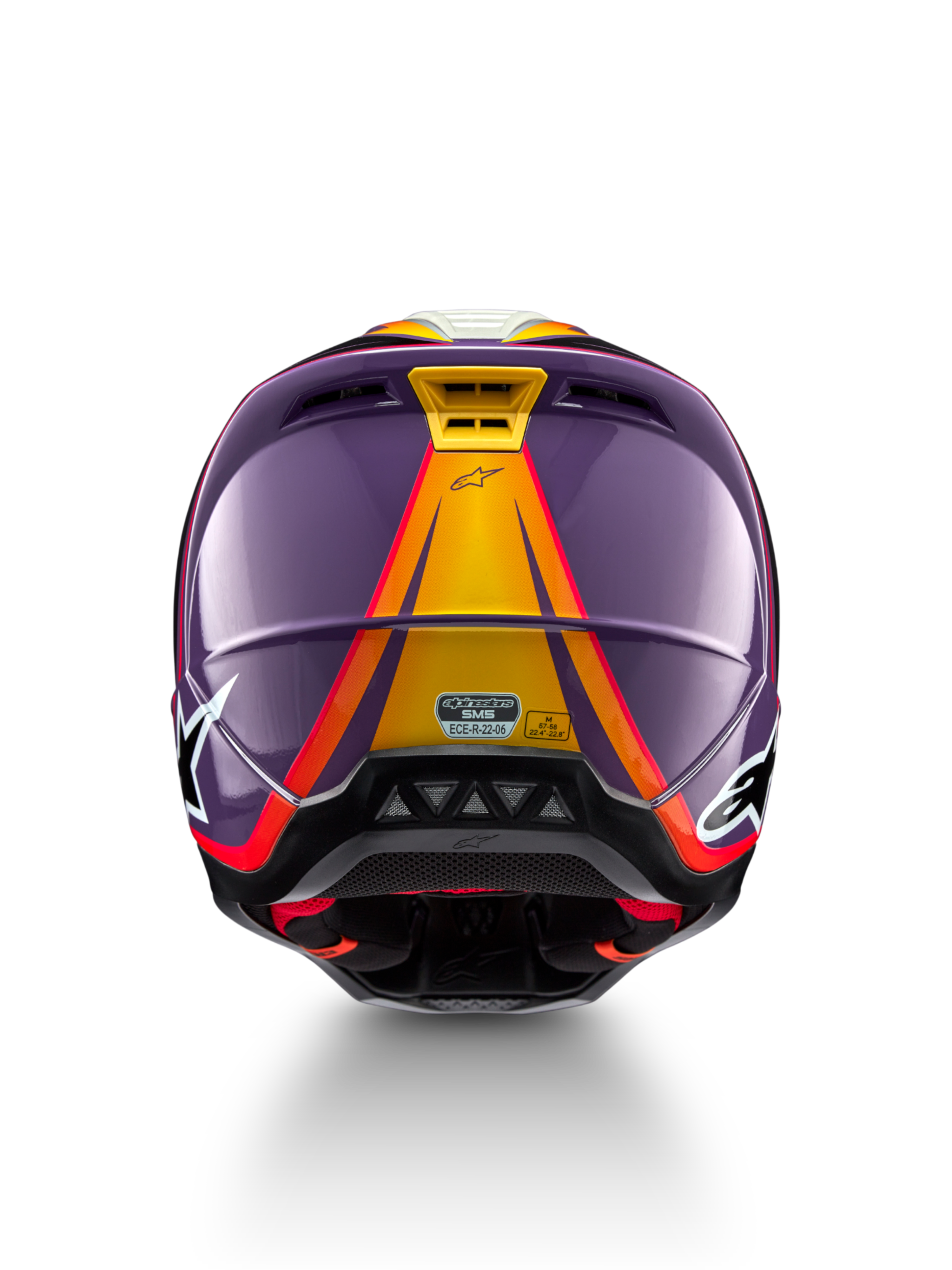 Alpinestars S-M5 Sail helm, motocrosshelm, maat M, paars en geel, ECE 22.06-gecertificeerd, achteraanzicht