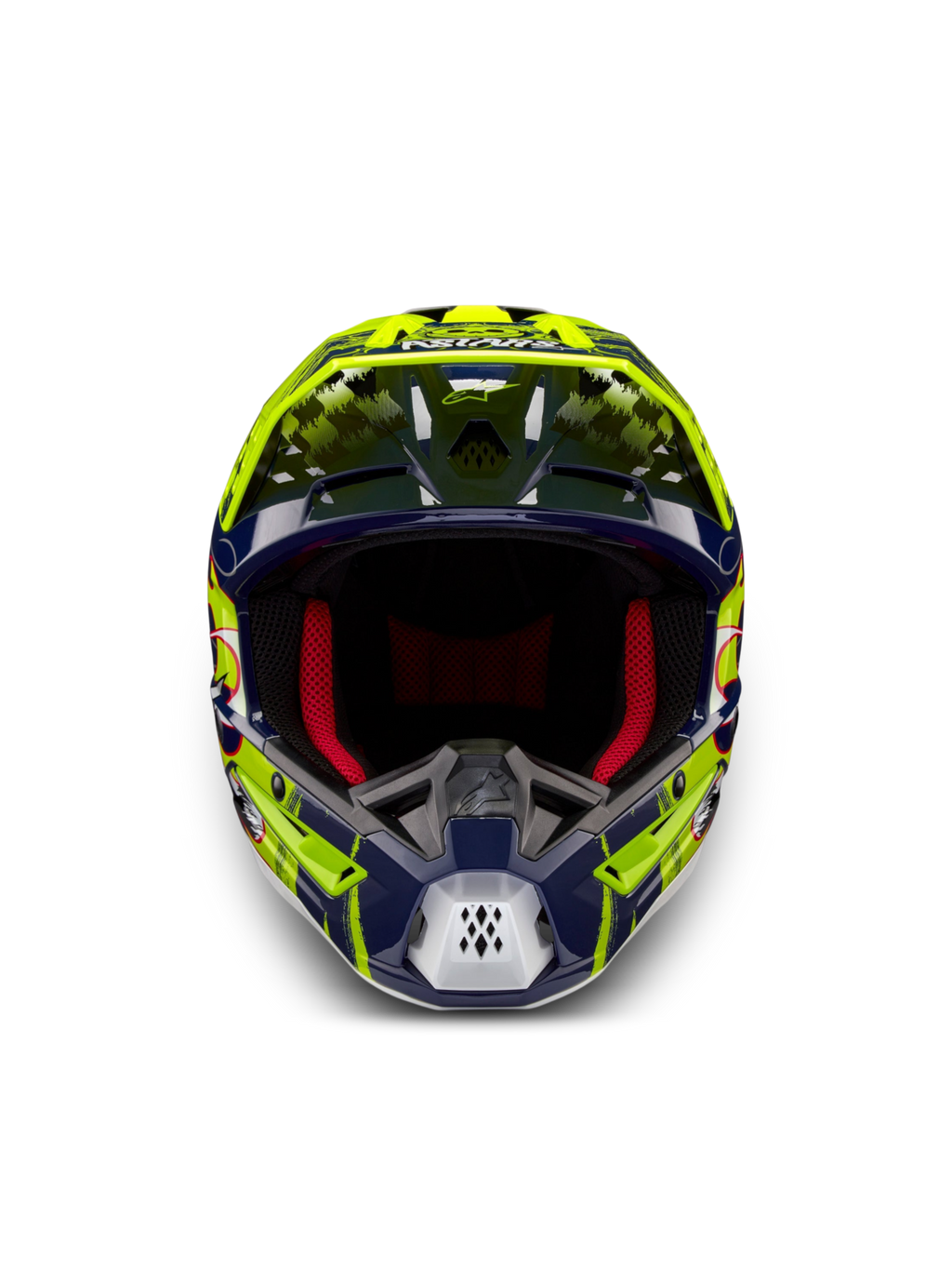Alpinestars S-M5 Rash helm, motocrosshelm in donkerblauw en geel fluo, vooraanzicht met rode padding, ECE 22.06.