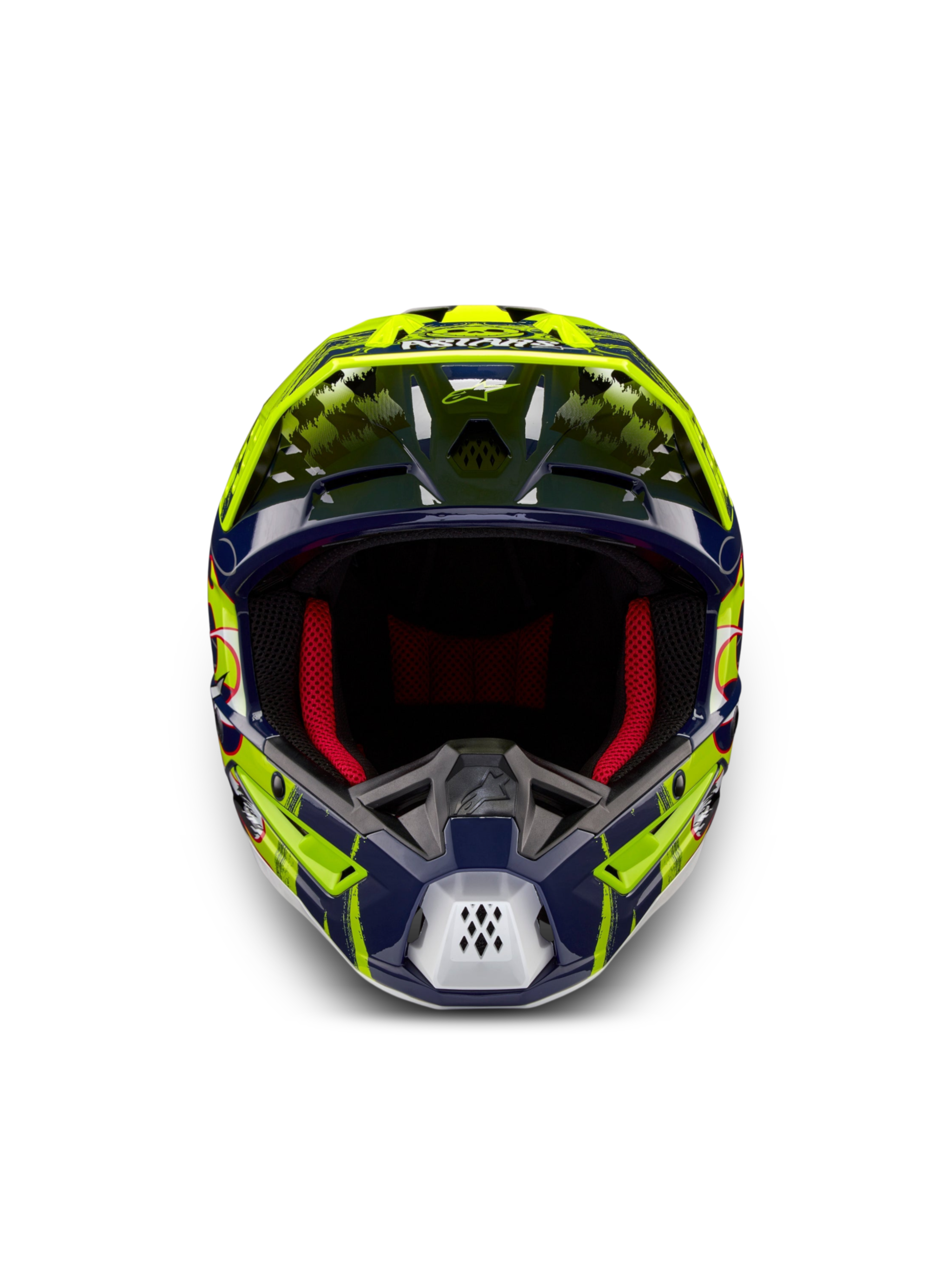 Alpinestars S-M5 Rash helm, motocrosshelm in donkerblauw en geel fluo, vooraanzicht met rode padding, ECE 22.06.