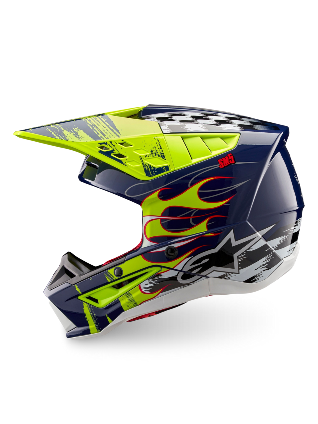Alpinestars S-M5 Rash helm, glanzende motocrosshelm in blauw en geel met vlammen en geblokte graphics, ECE 22.06.