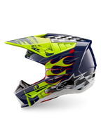 Alpinestars S-M5 Rash helm, glanzende motocrosshelm in blauw en geel met vlammen en geblokte graphics, ECE 22.06.