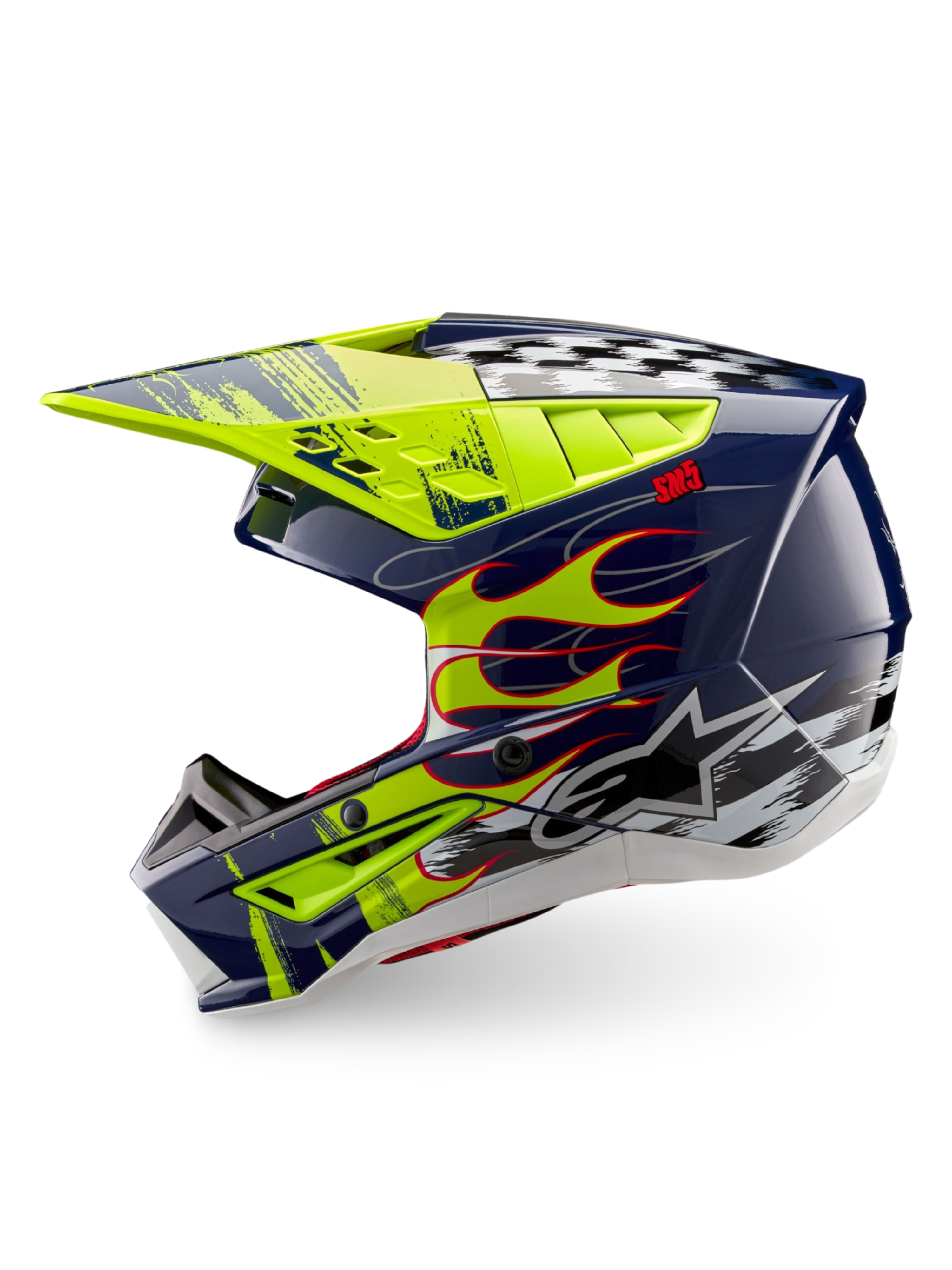 Alpinestars S-M5 Rash helm, glanzende motocrosshelm in blauw en geel met vlammen en geblokte graphics, ECE 22.06.