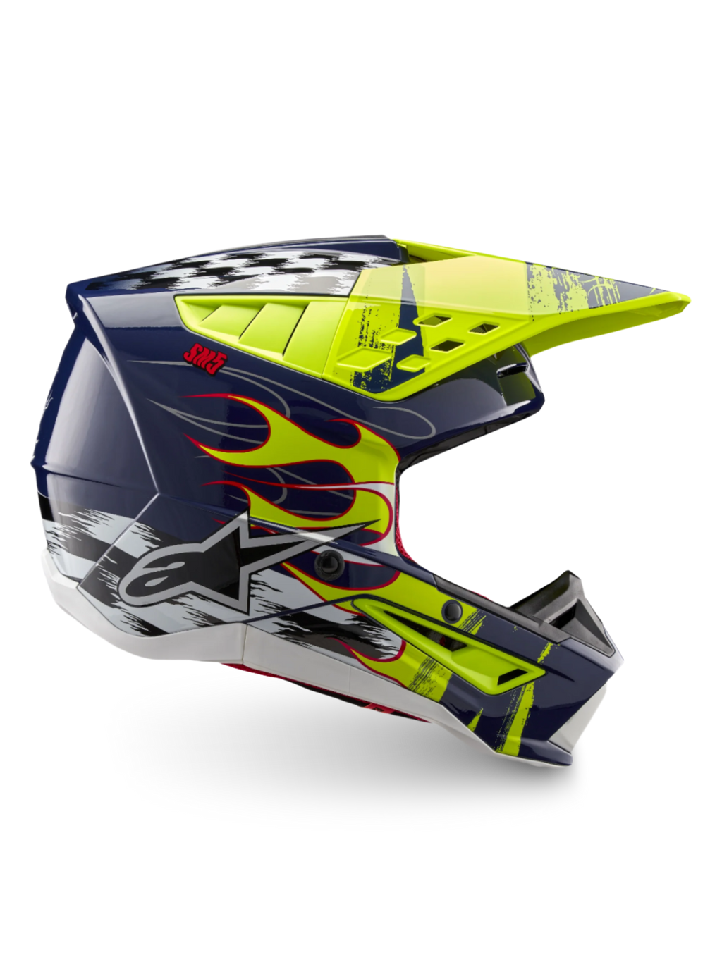 Alpinestars S-M5 Rash helm, motocrosshelm in nachtmarine en geel fluo met vlammen, ECE 22.06-gecertificeerd.