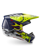 Alpinestars S-M5 Rash helm, motocrosshelm in nachtmarine en geel fluo met vlammen, ECE 22.06-gecertificeerd.