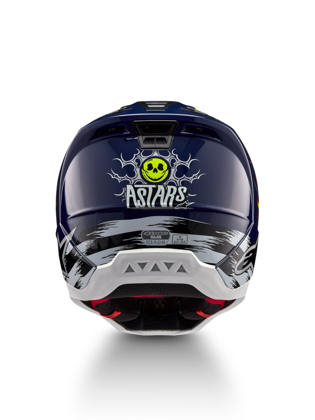 Alpinestars S-M5 Rash helm, motorcrosshelm in donkerblauw en geel met schedelprint, ECE 22.06-gecertificeerd.