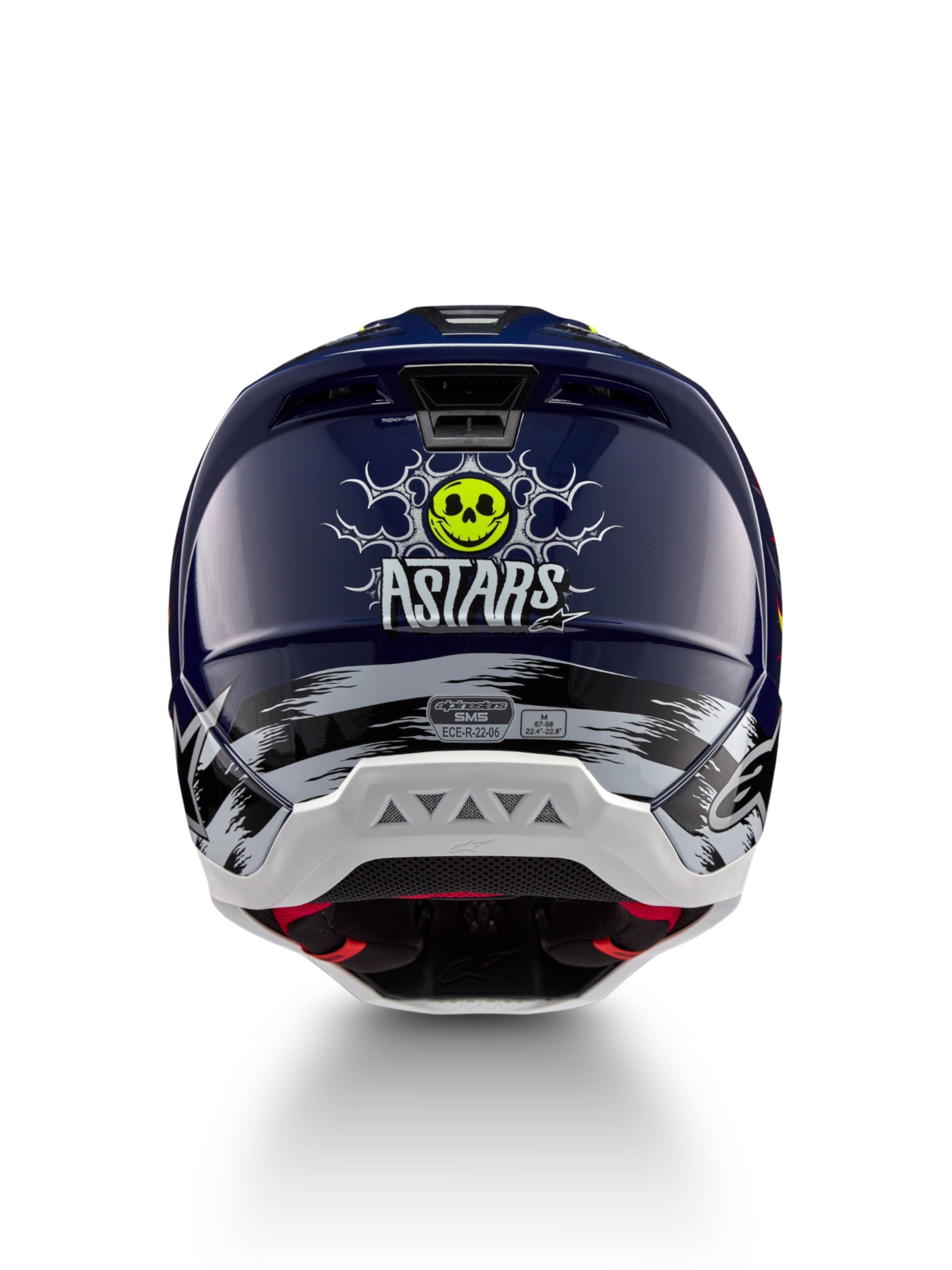 Alpinestars S-M5 Rash helm, motorcrosshelm in donkerblauw en geel met schedelprint, ECE 22.06-gecertificeerd.