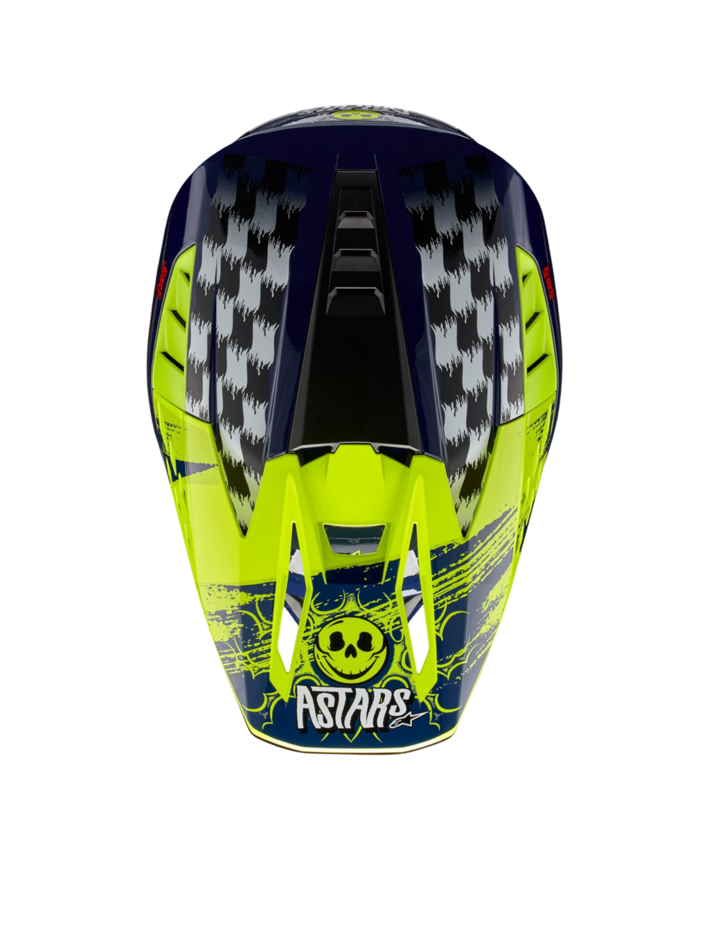 Alpinestars S-M5 Rash helm, motorcrosshelm voor off-road, donkerblauw en fluogeel, met geblokte graphics en Astars-schedellogo, ECE-gecertificeerd