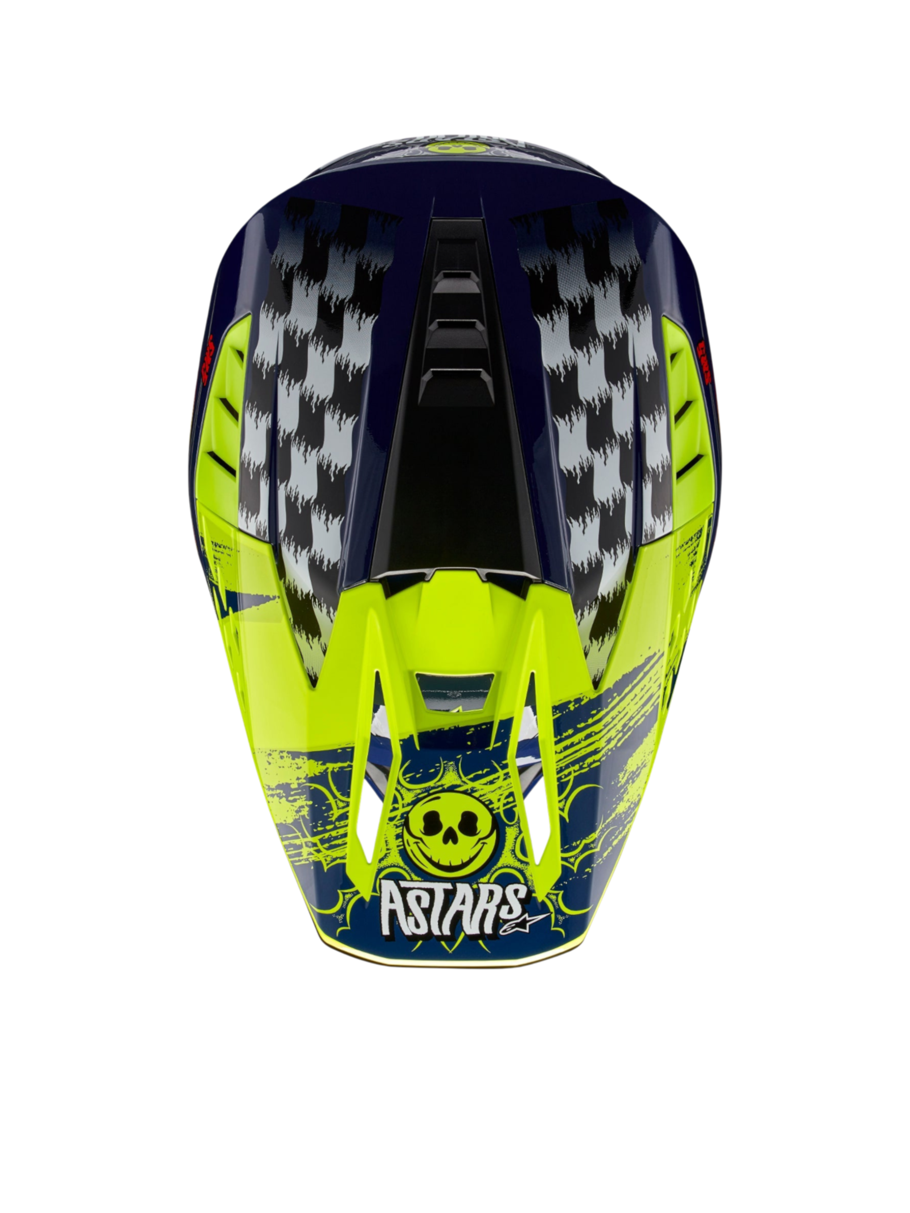 Alpinestars S-M5 Rash helm, motorcrosshelm voor off-road, donkerblauw en fluogeel, met geblokte graphics en Astars-schedellogo, ECE-gecertificeerd