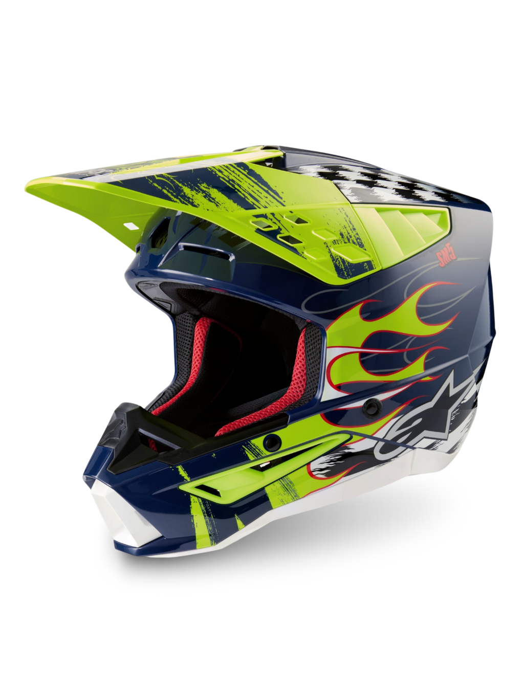 Alpinestars S-M5 Rash helm ECE 22.06, motocrosshelm in nacht marine en geel fluo, glanzend met hoogwaardige bescherming.