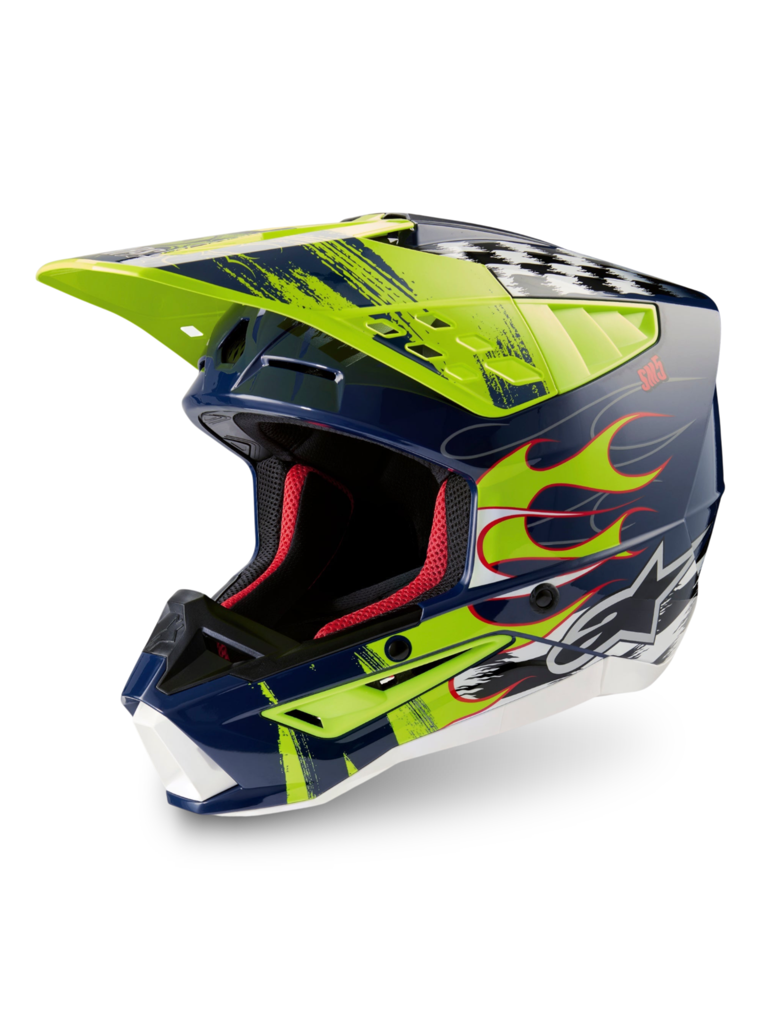 Alpinestars S-M5 Rash helm ECE 22.06, motocrosshelm in nacht marine en geel fluo, glanzend met hoogwaardige bescherming.
