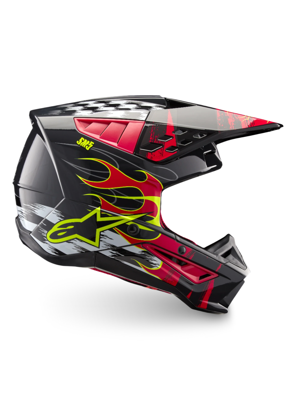 Alpinestars S-M5 Rash ECE 22.06 helm, donkergrijze en rode motocrosshelm met vlamgraphics en lichtgewicht schaal.