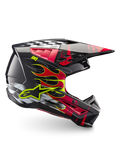 Alpinestars S-M5 Rash ECE 22.06 helm, donkergrijze en rode motocrosshelm met vlamgraphics en lichtgewicht schaal.