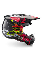 Alpinestars S-M5 Rash ECE 22.06 helm, donkergrijze en rode motocrosshelm met vlamgraphics en lichtgewicht schaal.