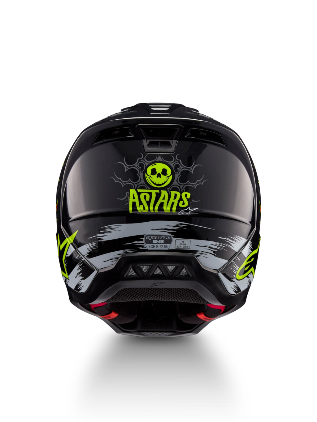 Alpinestars S-M5 Rash helm, zwart en neongeel, achteraanzicht met schedelgraphic en ASTARS-logo, motocrosshelm, ECE 22.06-gecertificeerd.