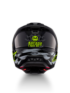Alpinestars S-M5 Rash helm, zwart en neongeel, achteraanzicht met schedelgraphic en ASTARS-logo, motocrosshelm, ECE 22.06-gecertificeerd.