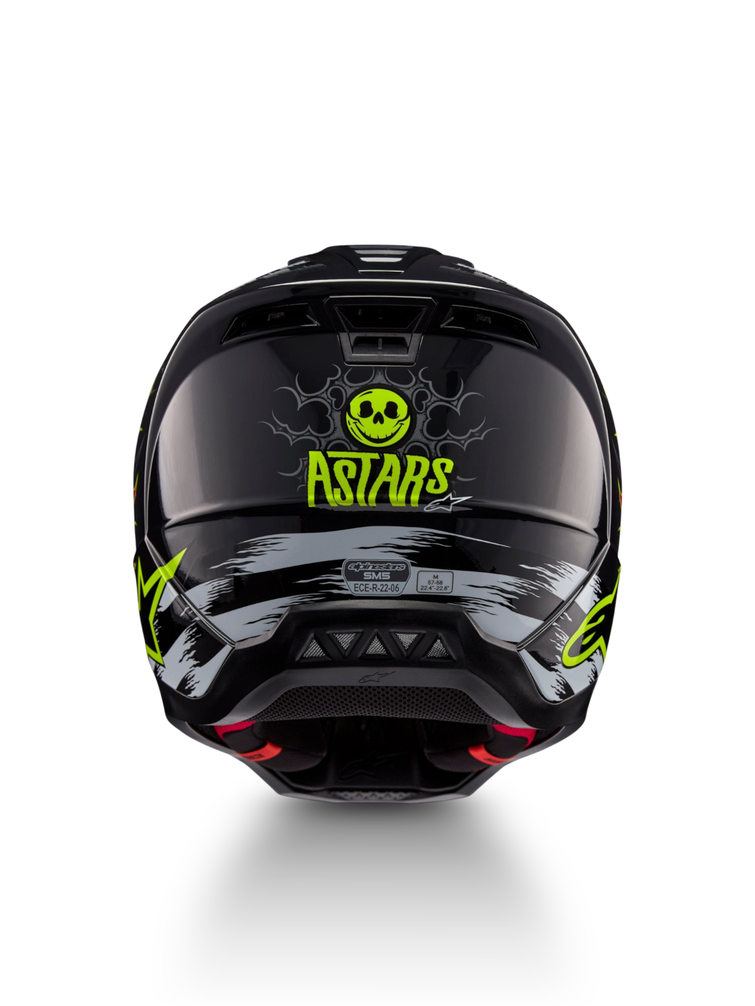 Alpinestars S-M5 Rash helm, zwart en neongeel, achteraanzicht met schedelgraphic en ASTARS-logo, motocrosshelm, ECE 22.06-gecertificeerd.
