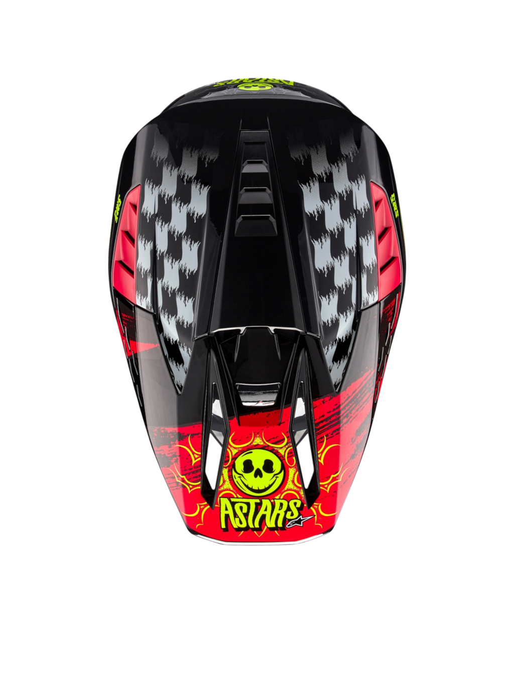 Alpinestars S-M5 Rash ECE 22.06 motocrosshelm, donkergrijs en helderrood, bovenaanzicht met schedelgrafiek.