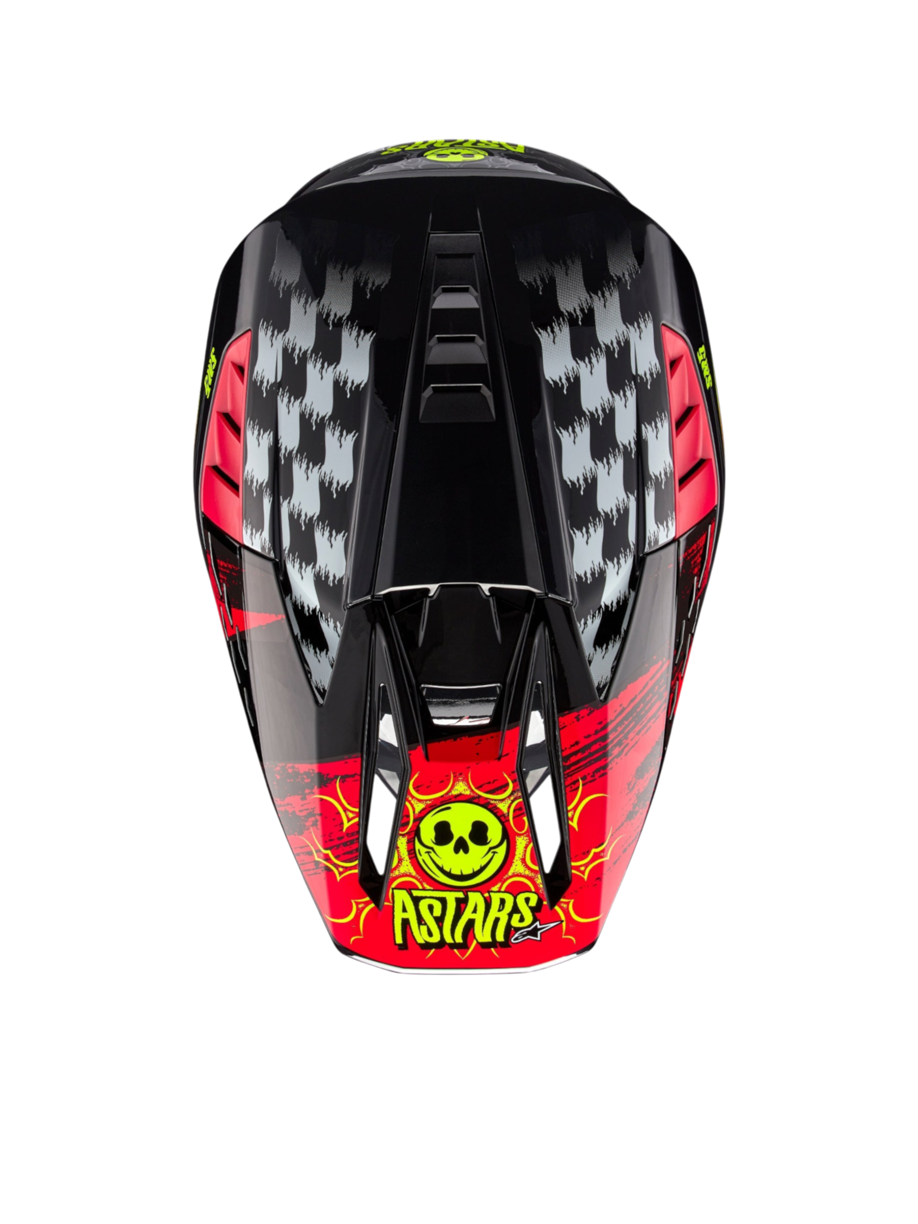 Alpinestars S-M5 Rash ECE 22.06 motocrosshelm, donkergrijs en helderrood, bovenaanzicht met schedelgrafiek.