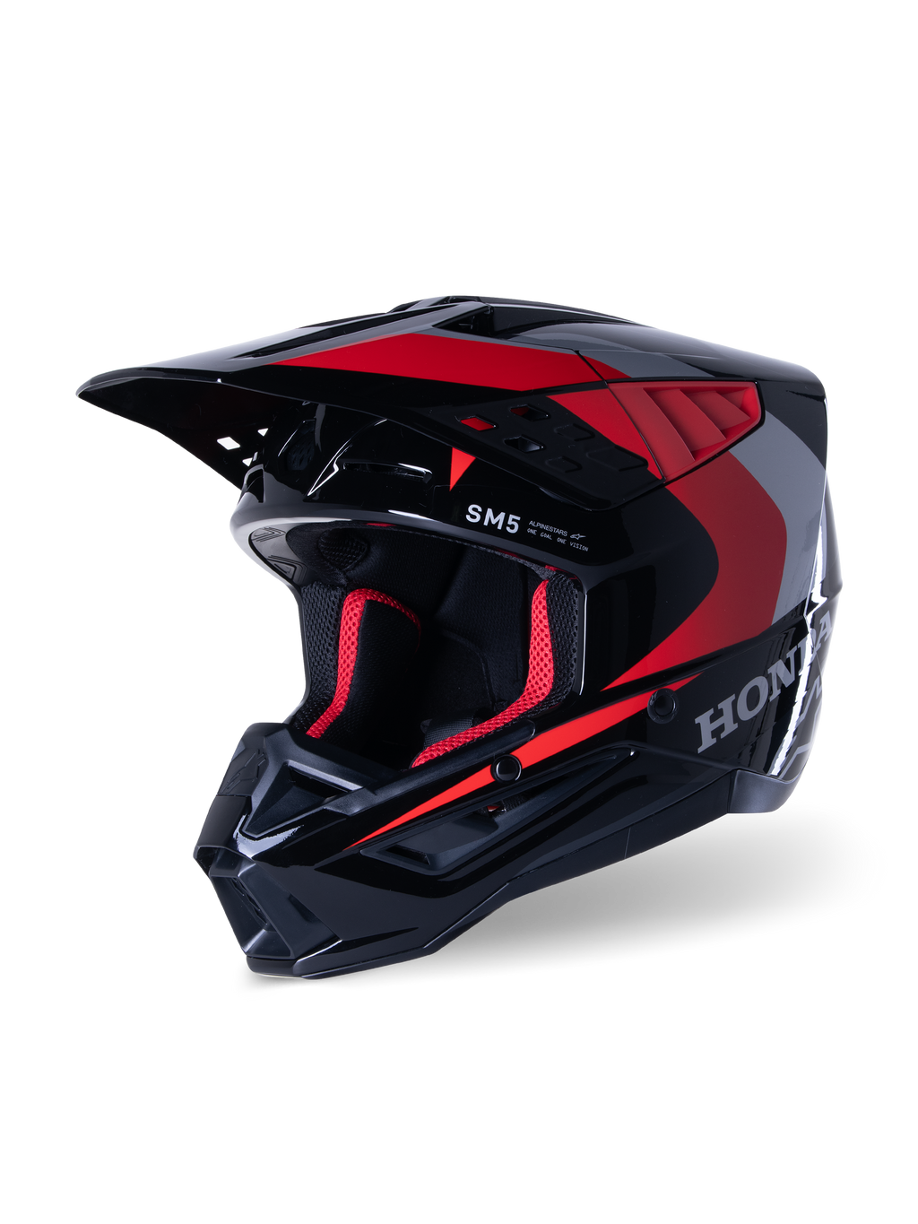Casque Alpinestars Honda S-M5, casque de motocross, noir rouge brillant, avec graphismes Honda argentés et logo SM5, profil aérodynamique avec de grandes entrées d'air et une visière réglable, conçu pour la course tout-terrain