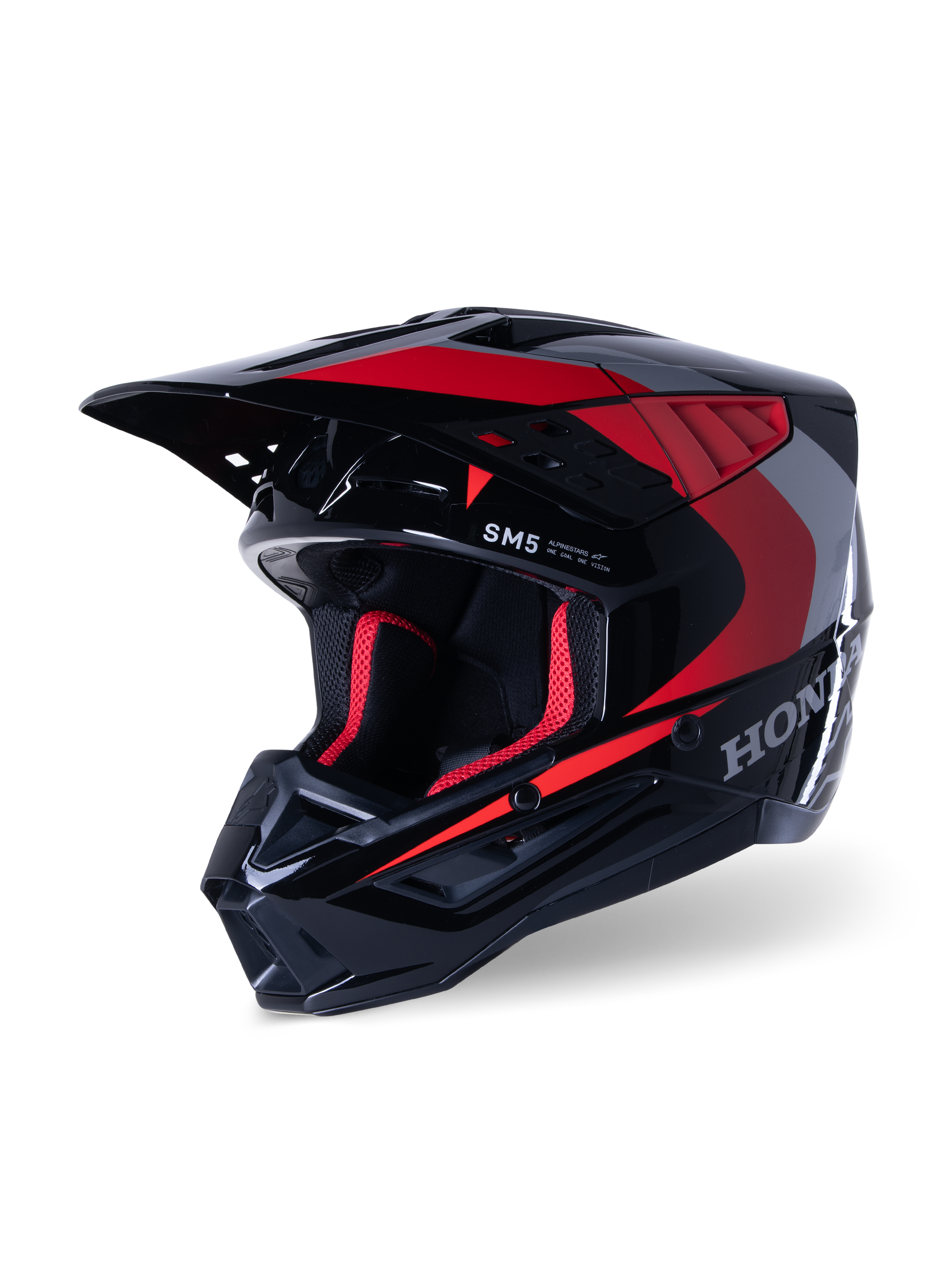 Casque Alpinestars Honda S-M5, casque de motocross, noir rouge brillant, avec graphismes Honda argentés et logo SM5, profil aérodynamique avec de grandes entrées d'air et une visière réglable, conçu pour la course tout-terrain