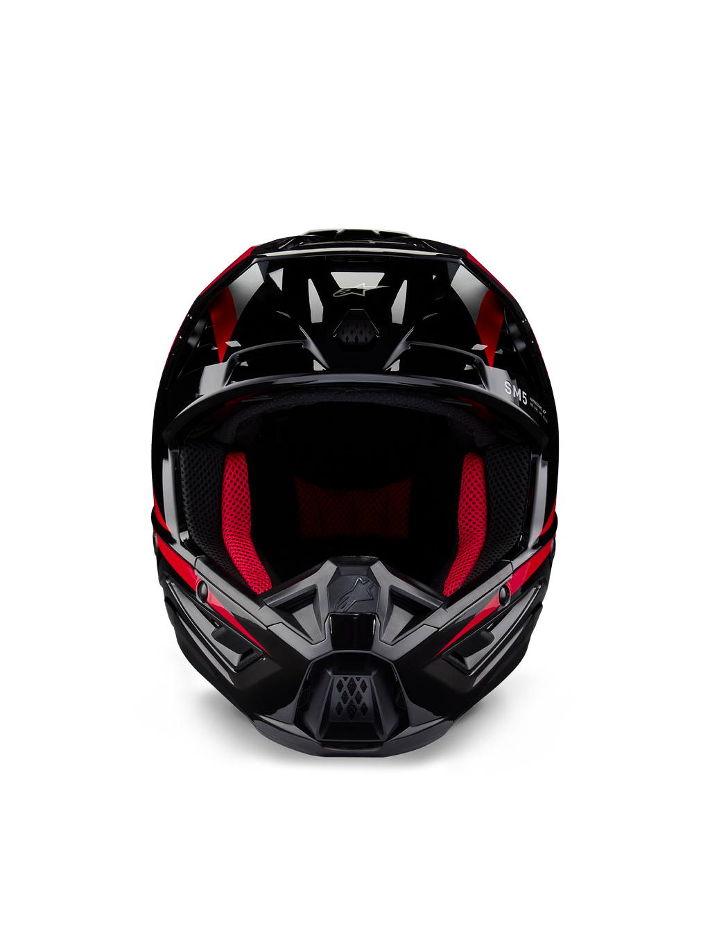 Alpinestars Honda S-M5 Helmet ECE, casque de motocross, noir et rouge brillant, vue de face présentant une finition noire brillante avec des graphismes rouges, rembourrage interne rouge vif, design angulaire avec de multiples entrées d'air, protection haute performance pour le motocross