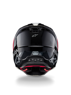 Casque Alpinestars Honda S-M5 ECE, casque de motocross, noir et rouge brillant, vue arrière montrant la coque noire brillante avec les logos Honda et Alpinestars blancs, la doublure intérieure rouge et l'étiquette de certification de sécurité ECE