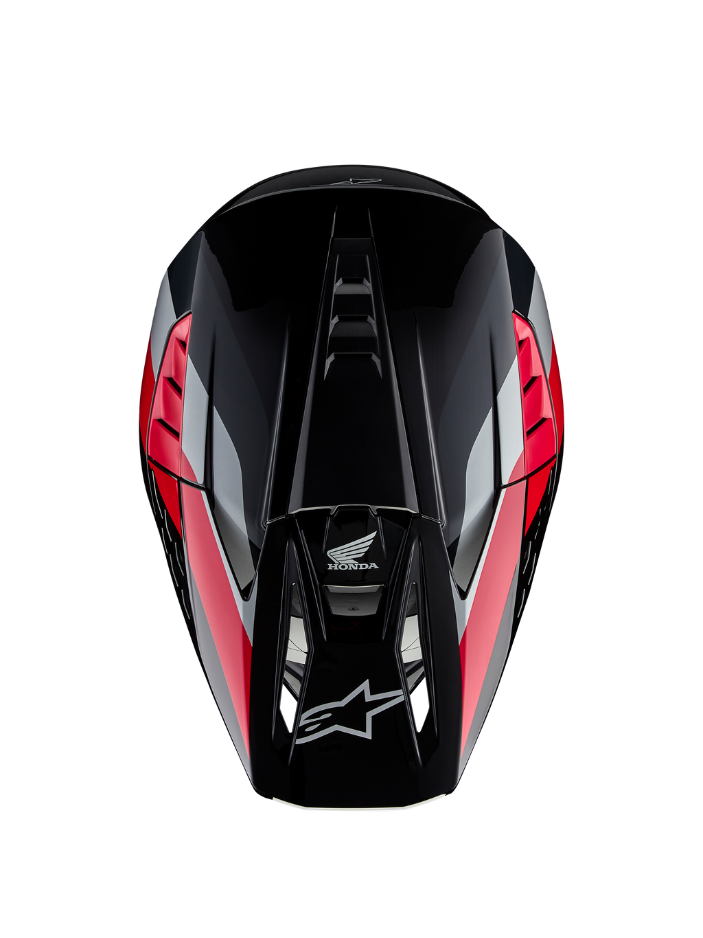 Casque Honda S-M5 ECE, casque de motocross, noir et rouge brillant avec bandes graphiques rouges et argentées, vue de dessus montrant la coque aérodynamique et la visière ventilée, logos Alpinestars et Honda, équipement tout-terrain haute performance