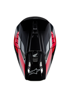 Casque Honda S-M5 ECE, casque de motocross, noir et rouge brillant avec bandes graphiques rouges et argentées, vue de dessus montrant la coque aérodynamique et la visière ventilée, logos Alpinestars et Honda, équipement tout-terrain haute performance
