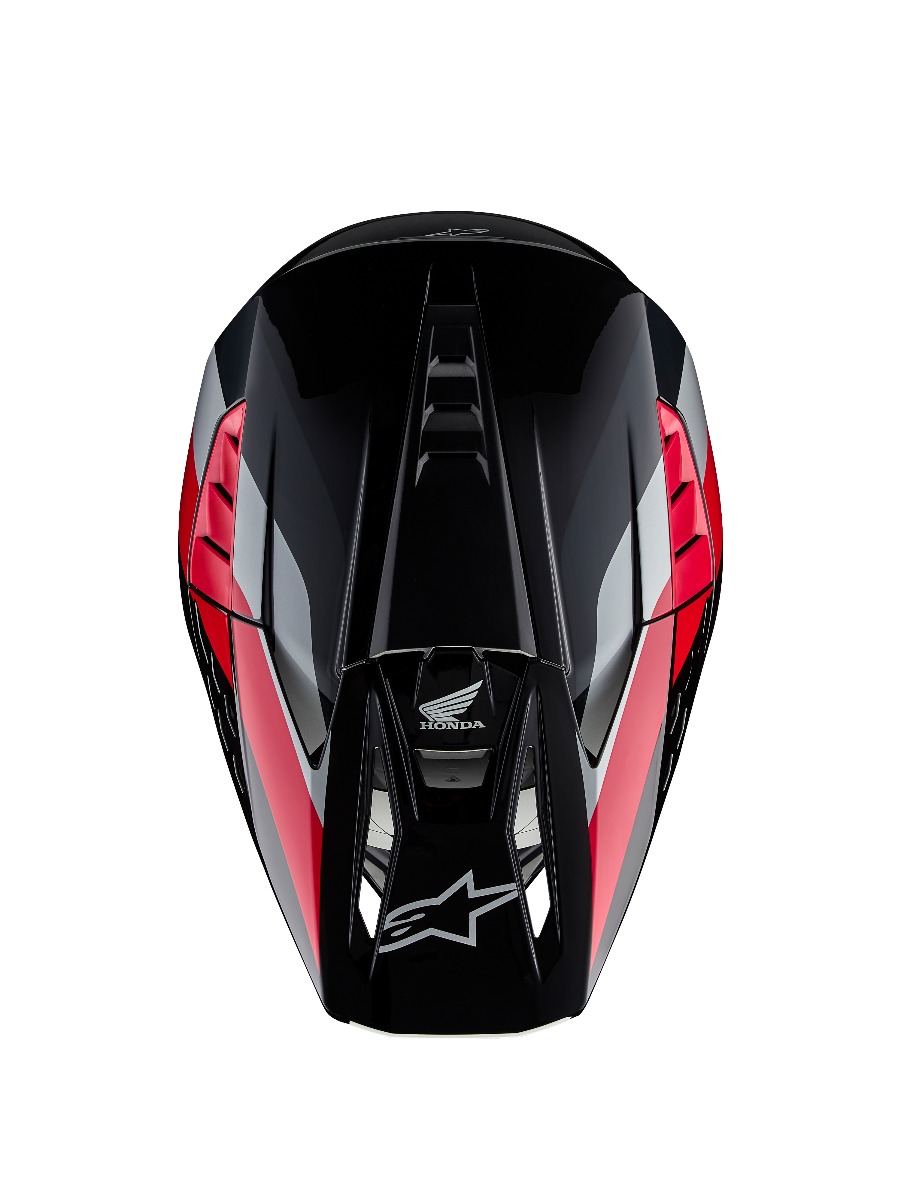 Casque Honda S-M5 ECE, casque de motocross, noir et rouge brillant avec bandes graphiques rouges et argentées, vue de dessus montrant la coque aérodynamique et la visière ventilée, logos Alpinestars et Honda, équipement tout-terrain haute performance