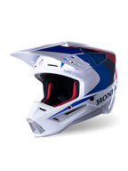 Alpinestars Honda S-M5 ECE helm, motorcrosshelm, wit, blauw en rood glanzend, met opvallende Honda-branding aan de zijkant, rode mesh binnenvoering, aerodynamisch vizier met geïntegreerde ventilatieopeningen, strak grafisch ontwerp voor off-road racen