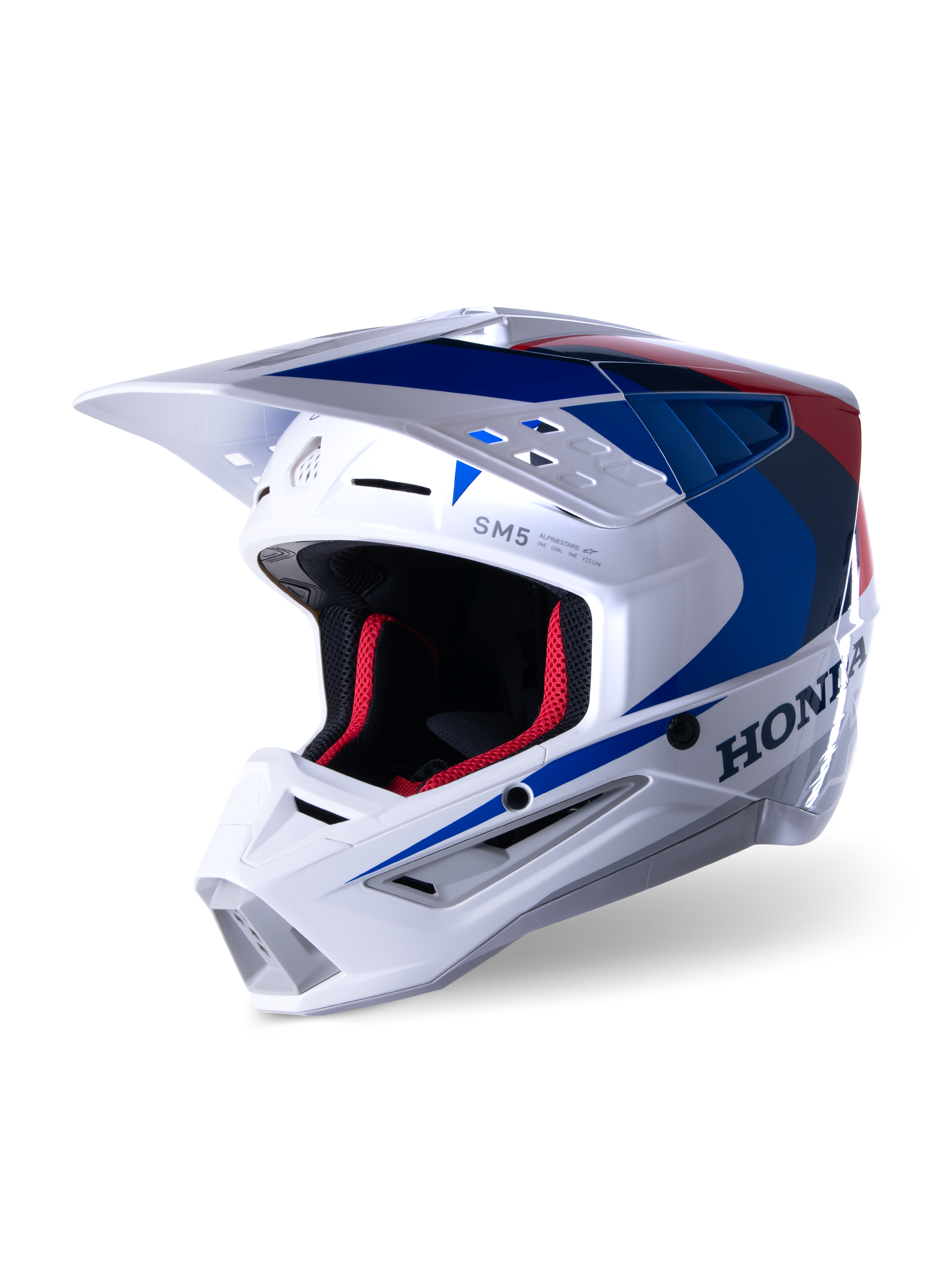 Alpinestars Honda S-M5 ECE helm, motorcrosshelm, wit, blauw en rood glanzend, met opvallende Honda-branding aan de zijkant, rode mesh binnenvoering, aerodynamisch vizier met geïntegreerde ventilatieopeningen, strak grafisch ontwerp voor off-road racen