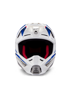 Alpinestars Honda S-M5 ECE helm, motorcrosshelm, wit blauw en rood glanzend, vooraanzicht met ventilatieopeningen en rode binnenvoering, aerodynamisch ontwerp voor off-road racebescherming