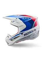 Alpinestars Honda S-M5 Helm ECE, wit blauw rood glanzend, zijaanzicht, met opvallende Honda-branding en Alpinestars-sterlogo, aerodynamisch motorcross-ontwerp met meerdere ventilatieopeningen en een prominent vizier, glanzende afwerking