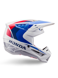 Alpinestars Honda S-M5 helm ECE, motorcrosshelm, wit, blauw en rood, zijaanzicht, aerodynamisch ontwerp met geïntegreerd vizier, meerdere ventilatieopeningen, glanzende afwerking, opvallende Honda branding en Alpinestars logo