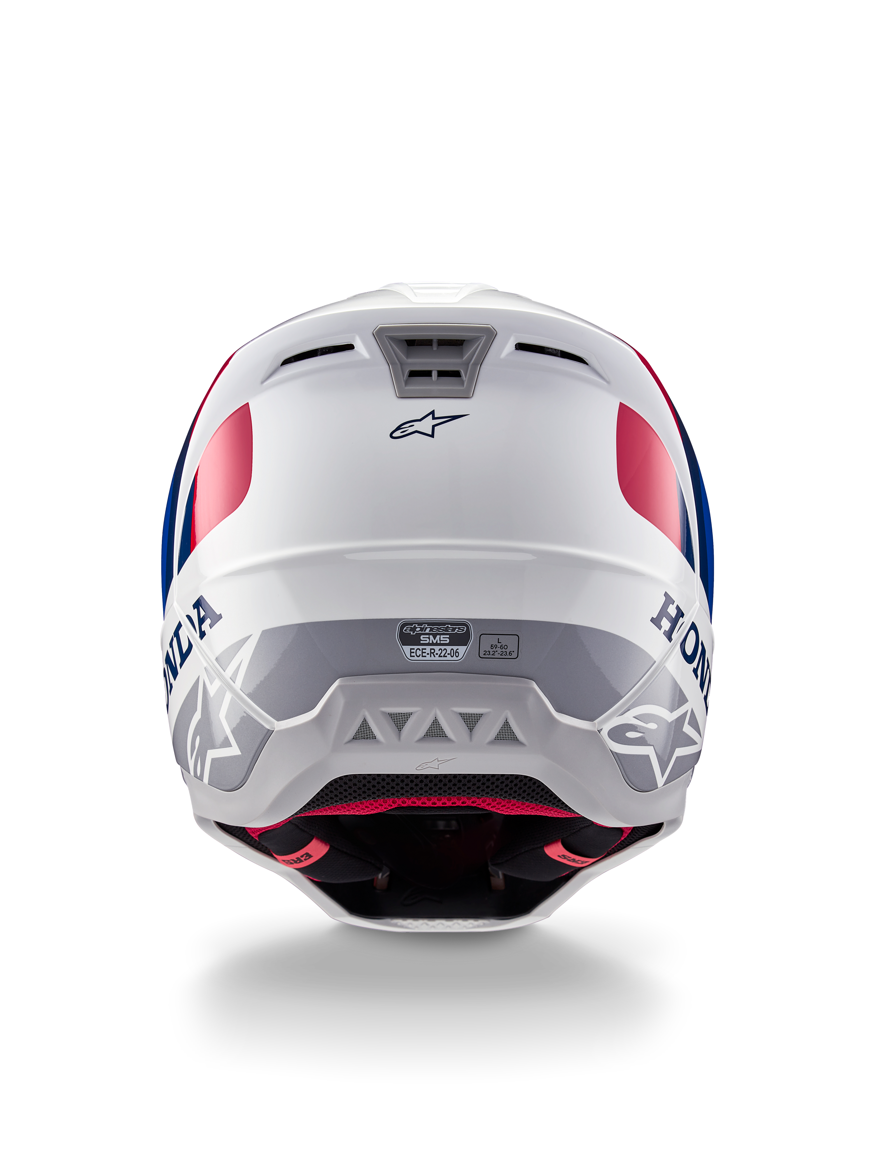 Alpinestars Honda S-M5 ECE-helm, motorcrosshelm, wit, blauw en rood glanzend, achteraanzicht met Honda- en Alpinestars-logo's, gestroomlijnde schaal met geïntegreerde ventilatieopeningen en ECE-certificeringslabel.
