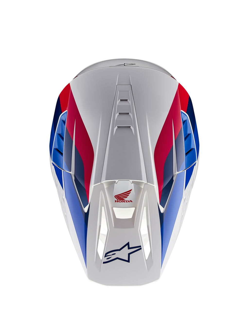 Alpinestars Honda S-M5 Helm ECE, motorcrosshelm, wit blauw en rood glanzend, bovenaanzicht met de nadruk op ventilatiekanalen, voorzien van rode en blauwe graphics met Honda- en Alpinestars-logo's
