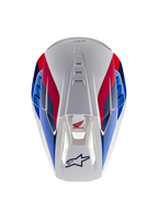 Alpinestars Honda S-M5 Helm ECE, motorcrosshelm, wit blauw en rood glanzend, bovenaanzicht met de nadruk op ventilatiekanalen, voorzien van rode en blauwe graphics met Honda- en Alpinestars-logo's