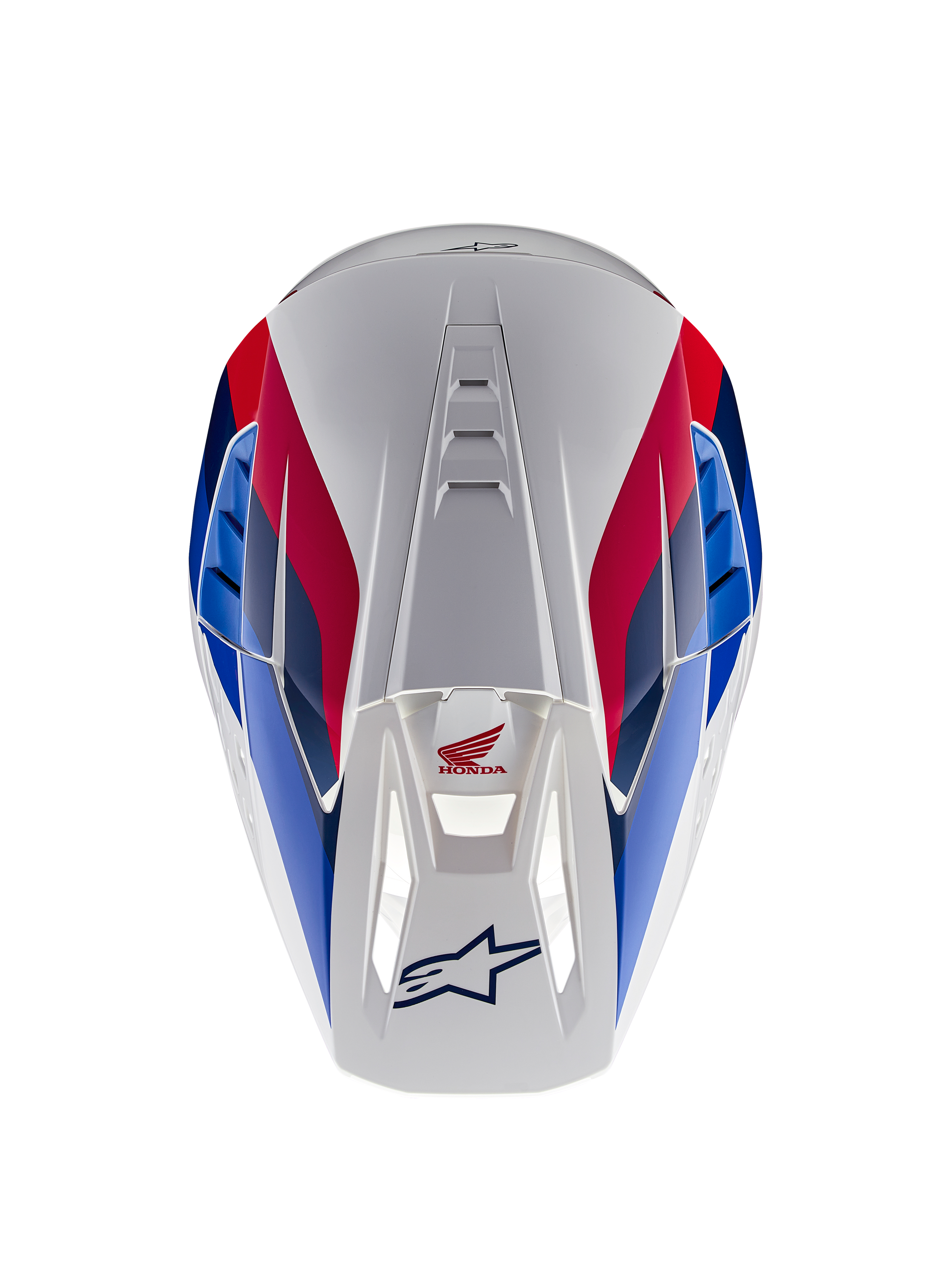 Alpinestars Honda S-M5 Helm ECE, motorcrosshelm, wit blauw en rood glanzend, bovenaanzicht met de nadruk op ventilatiekanalen, voorzien van rode en blauwe graphics met Honda- en Alpinestars-logo's
