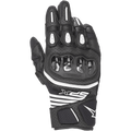 Alpinestars SPX AC V2 handschoenen, korte motorhandschoenen, zwart en wit, met glanzende carbon knokkelbescherming, geperforeerd leer en mesh voor ventilatie, witte TPR-vingerinzetstukken en sportieve SPX-branding
