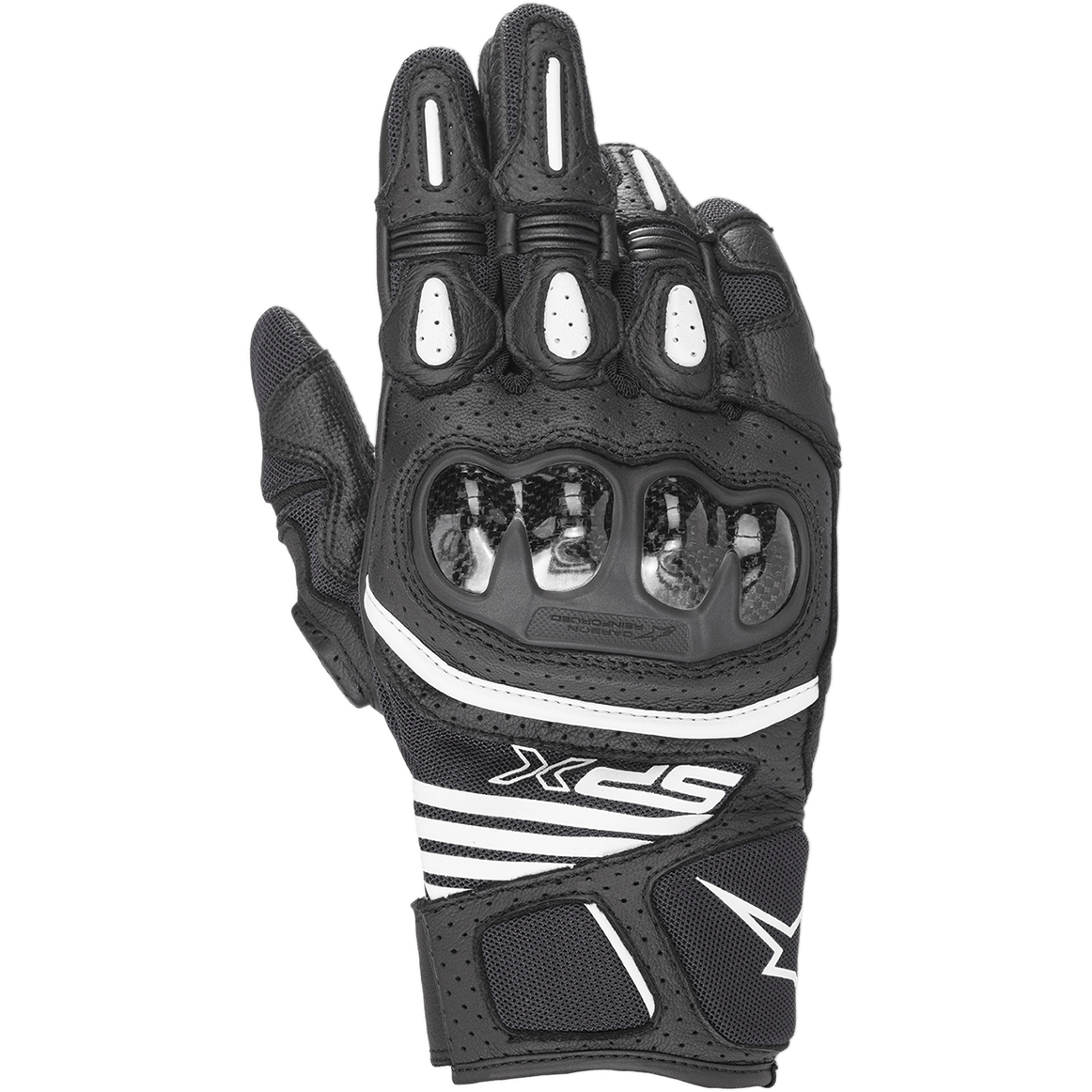 Alpinestars SPX AC V2 handschoenen, korte motorhandschoenen, zwart en wit, met glanzende carbon knokkelbescherming, geperforeerd leer en mesh voor ventilatie, witte TPR-vingerinzetstukken en sportieve SPX-branding
