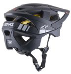 Alpinestars Vector Tech A1 MTB-Helm, Mountainbike-Helm, Schwarz Matt mit hellgrauen Akzenten, Seiten-Rückansicht mit Belüftungsöffnungen, weißes Alpinestars Stern-Logo, ASTARS-Branding, sichtbare gelbe MIPS-Innenschale, verstellbarer schwarzer Kinnriemen