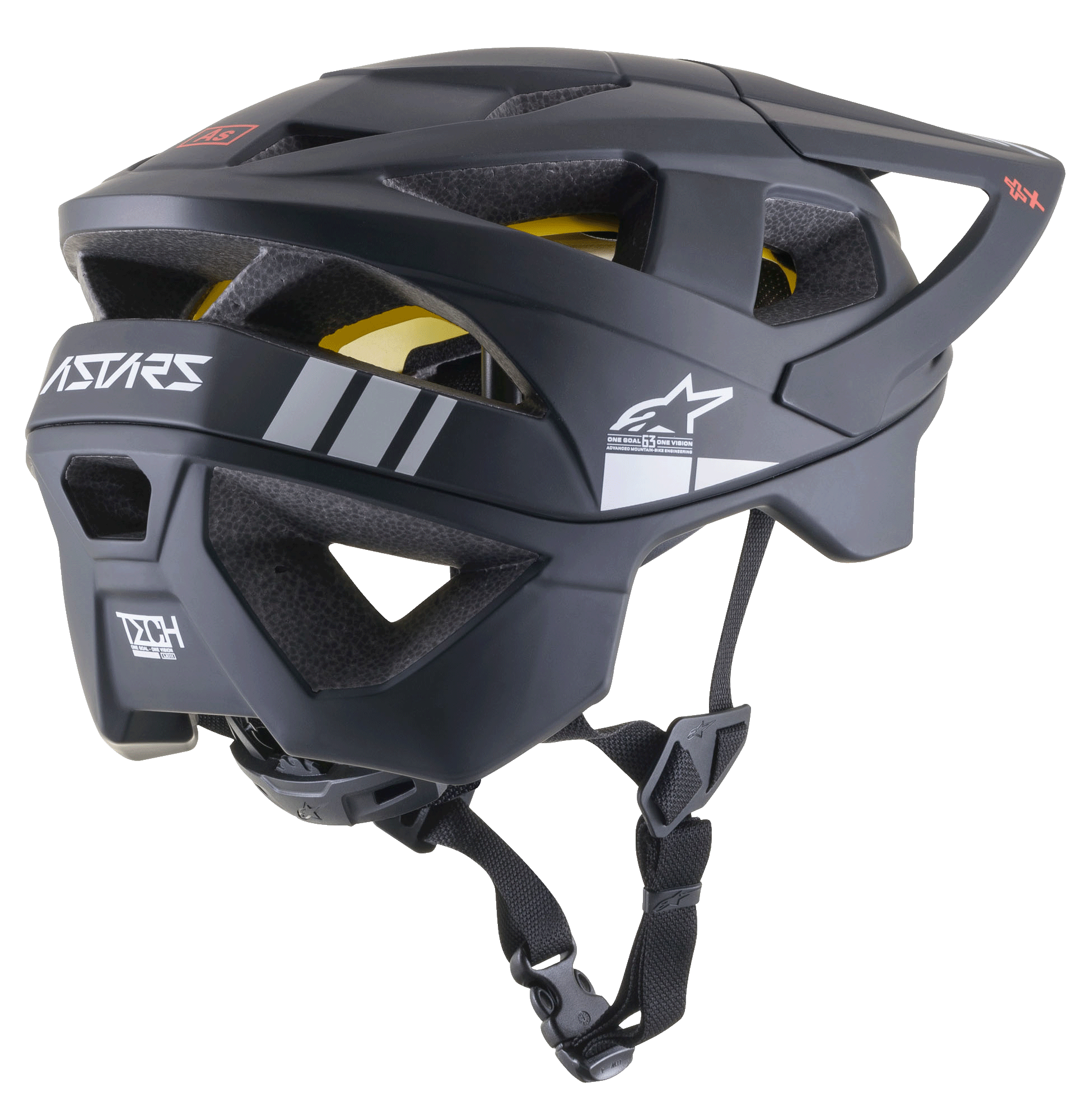 Alpinestars Vector Tech A1 MTB-Helm, Mountainbike-Helm, Schwarz Matt mit hellgrauen Akzenten, Seiten-Rückansicht mit Belüftungsöffnungen, weißes Alpinestars Stern-Logo, ASTARS-Branding, sichtbare gelbe MIPS-Innenschale, verstellbarer schwarzer Kinnriemen