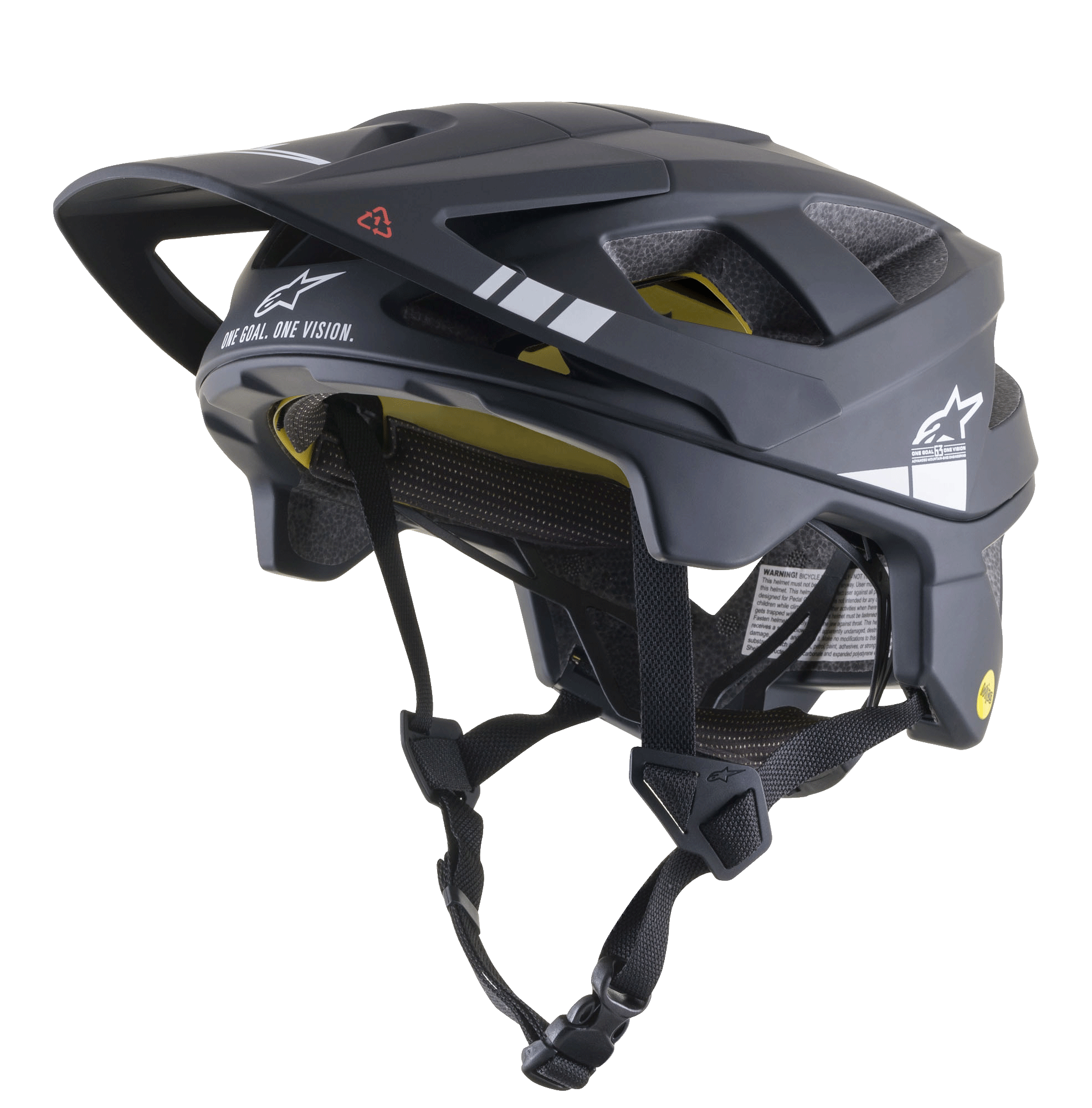 Alpinestars Vector Tech A1, casque de VTT, noir et gris clair mat, graphismes blancs et texte « ONE GOAL. ONE VISION. », doublure intérieure MIPS jaune visible, multiples ouvertures de ventilation, sangles réglables noires avec boucle à dégagement rapide, couverture étendue à l'arrière et sur les côtés, finition mate