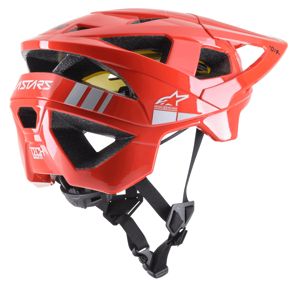 Alpinestars Vector Tech A2 MTB-Helm, Mountainbike-Helm, Leuchtend Rot und Hellgrau glänzend, mit 19 Belüftungsöffnungen, weißem Logo-Branding, gelbem MIPS-Futter und verstellbarem schwarzem Kinnriemen, strapazierfähig und leicht für Offroad-Schutz